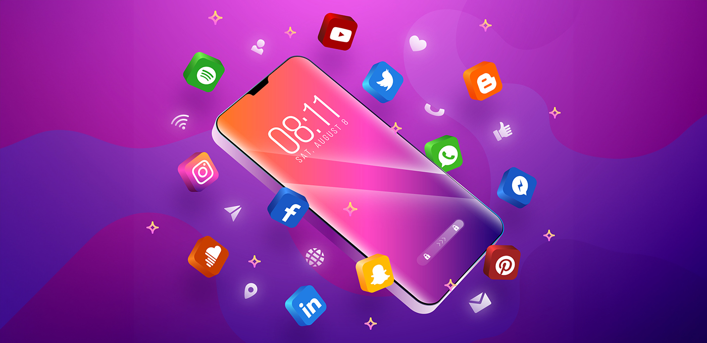 Social media icons with a phone talking about marketing for dental offices